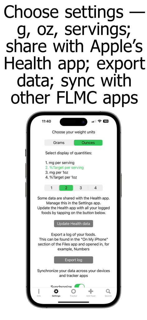 Calcium Counter and Tracker - Settings screen of the Calcium Counter app showing weight unit options and Apple Health integration