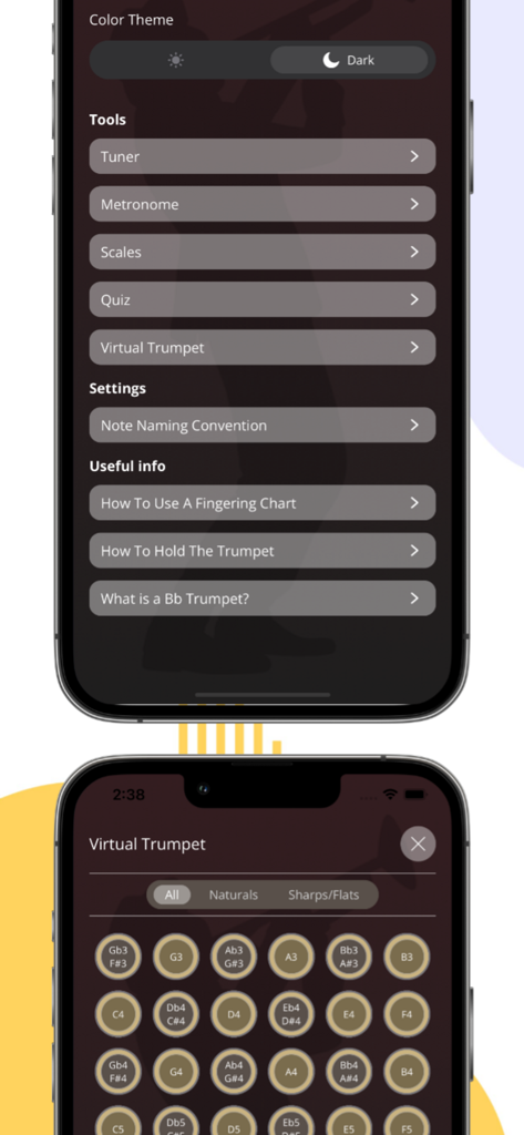 A screenshot showing the tools menu and virtual trumpet interface of the Trumpet Fingering Chart app in dark mode