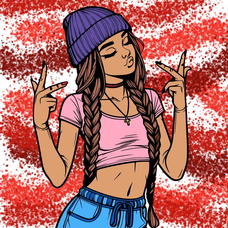 realistic teenage girl with braids and a beanie and crop top doing 🫶🏼