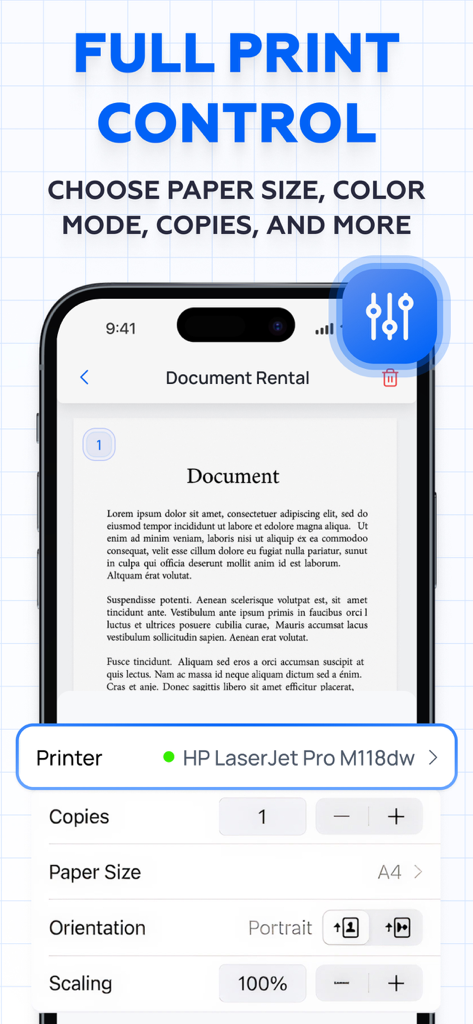 Print from Phone - Printly - Printly app screen showing customizable print settings for mobile printing.