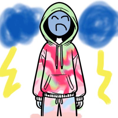 faceless girl in a tracksuit with a hood on and no hair