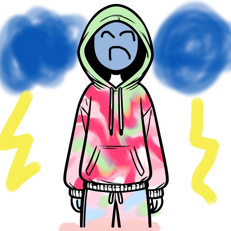 faceless girl in a tracksuit with a hood on and no hair