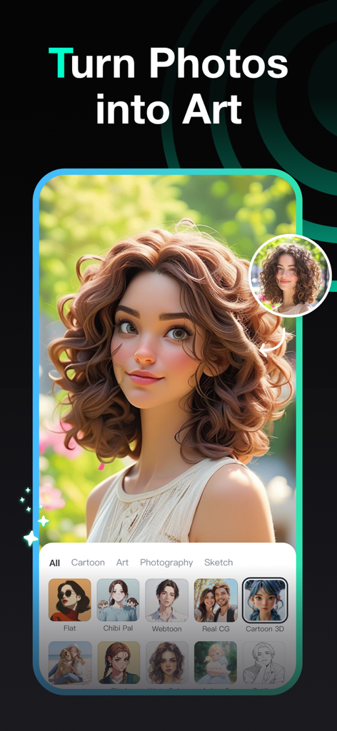 insMind: AI Photo Video Studio - A woman portrait transformed into a 3D cartoon style using AI photo filters in the insMind app