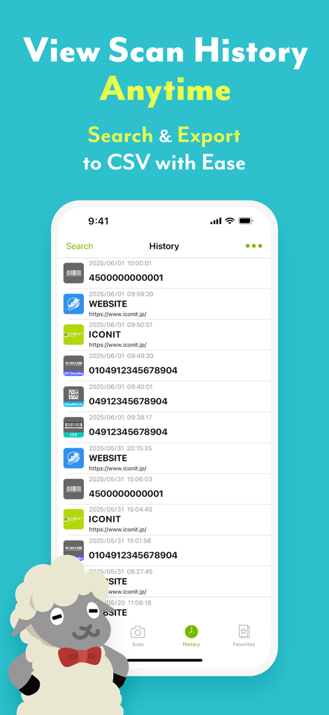 ICONIT QRcode Reader - Iconit app history screen showing a list of scanned QR codes and barcodes with a CSV export option