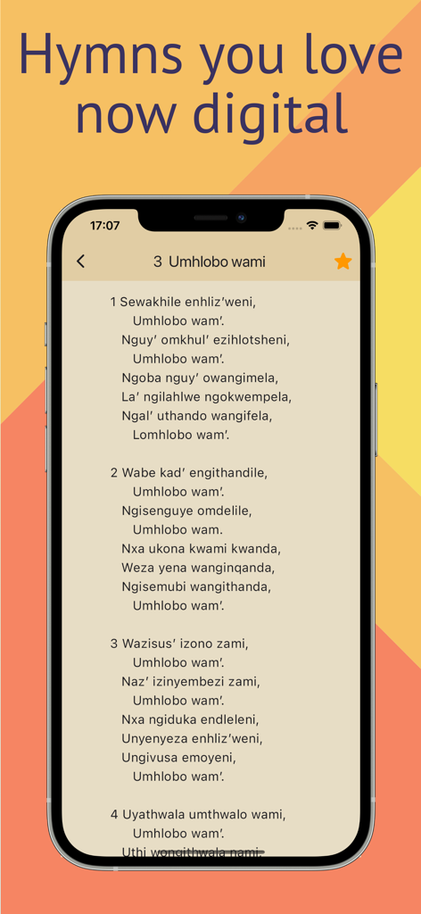 Icilongo levangeli - Smartphone screen displaying Zulu hymn lyrics in the Icilongo Levangeli digital hymn book app