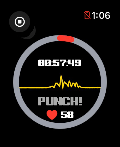 Apple Watch screen showing Punch Logger app workout timer and heart rate