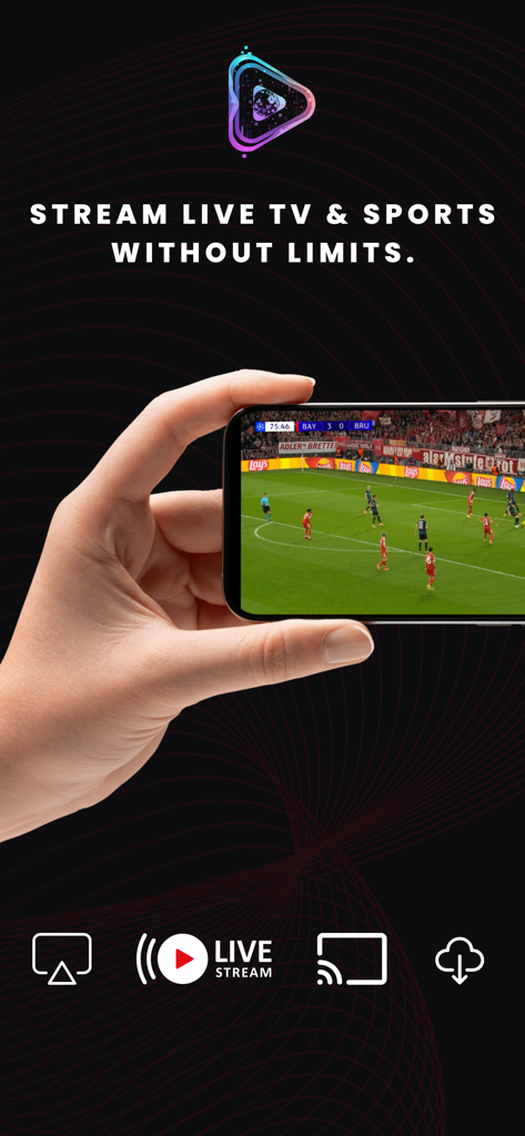 Smart IPTV Pro+ M3U Player - Una mano sosteniendo un teléfono inteligente que muestra un partido de fútbol en vivo usando la interfaz de la aplicación Smart IPTV Pro plus M3U Player.