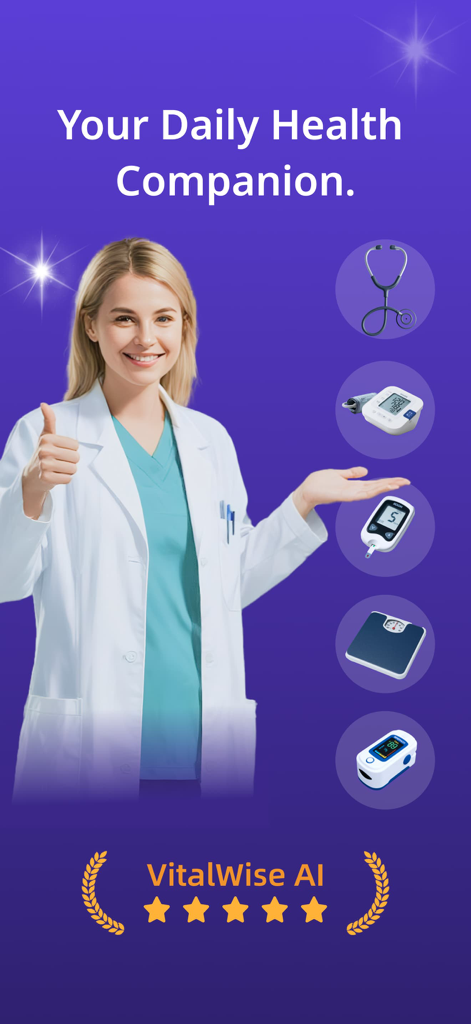 A smiling healthcare professional promoting the VitalWise AI app with icons for blood pressure, glucose, and heart rate monitoring