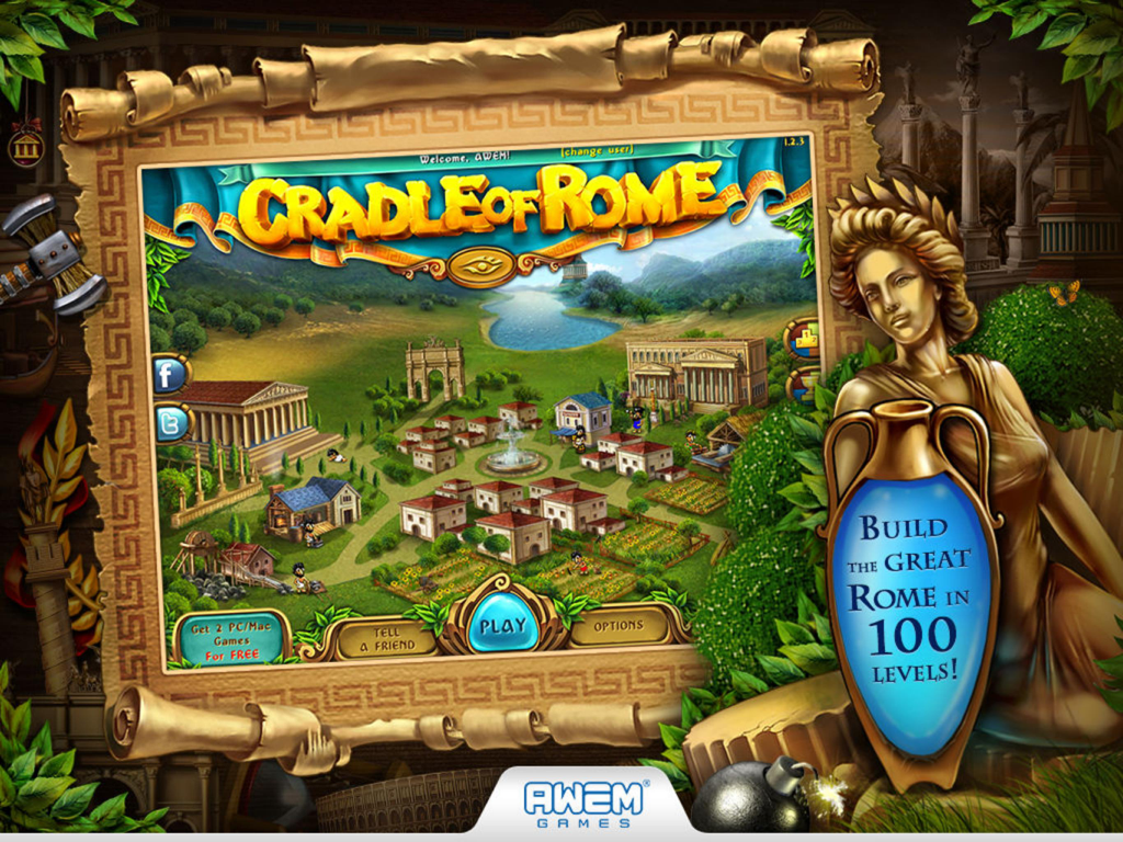 Cradle of Rome main menu showing an ancient Roman city builder map with a play button.