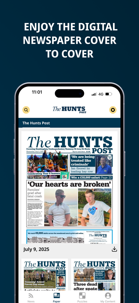 The Hunts Post - A smartphone screen displaying the digital newspaper edition of The Hunts Post app.