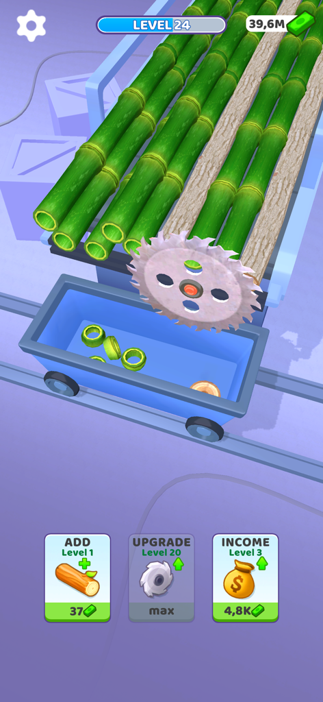 A circular saw slicing through green bamboo stalks on a conveyor belt in the Idle Cutter mobile game.