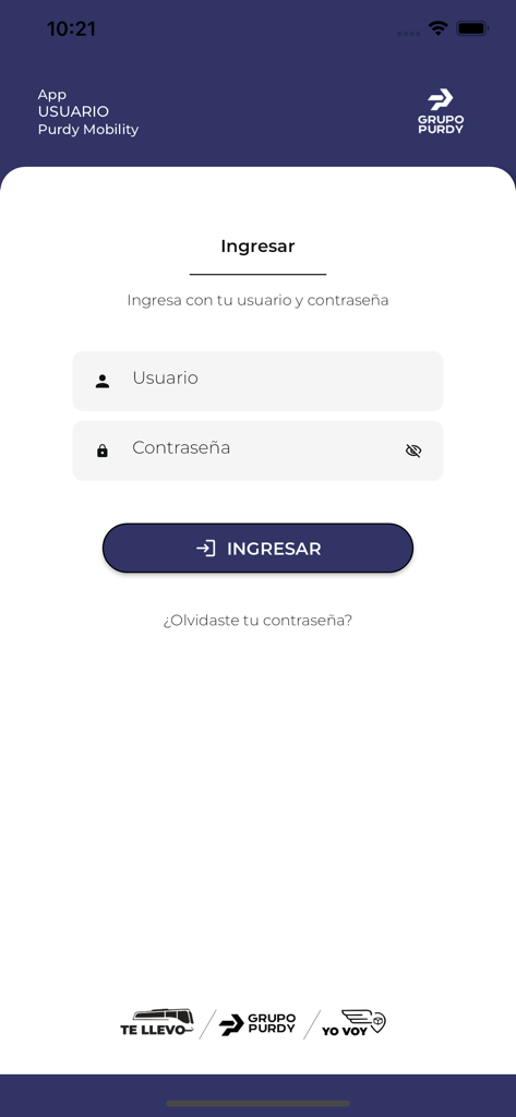 Purdy Mobility - Interfaz de inicio de sesión de la aplicación Purdy Mobility con campos para nombre de usuario y contraseña