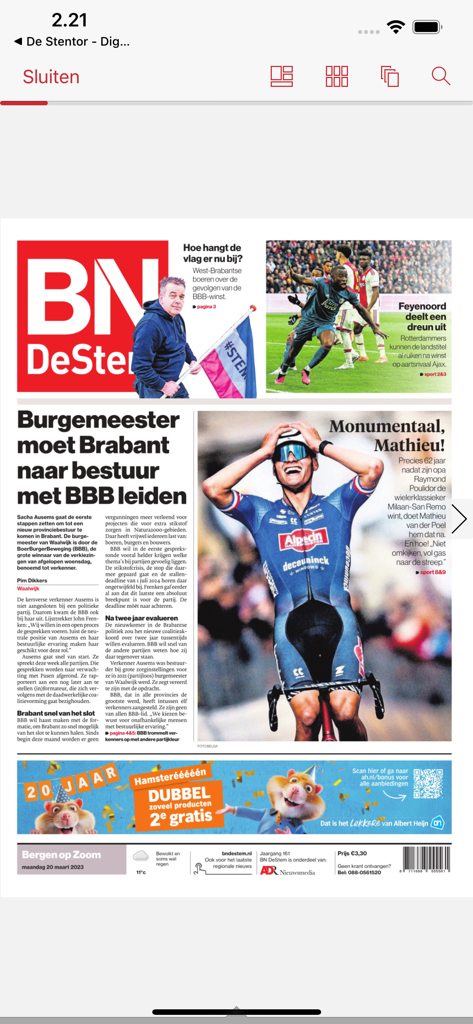 BN DeStem - Digitale krant - BN DeStem digital newspaper app front page with local Dutch news and sports headlines.