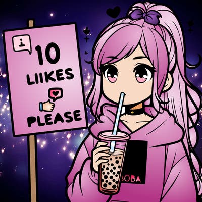 girl with a high ponytail and a hoodie drinking boba staring at a sign saying 10 likes please