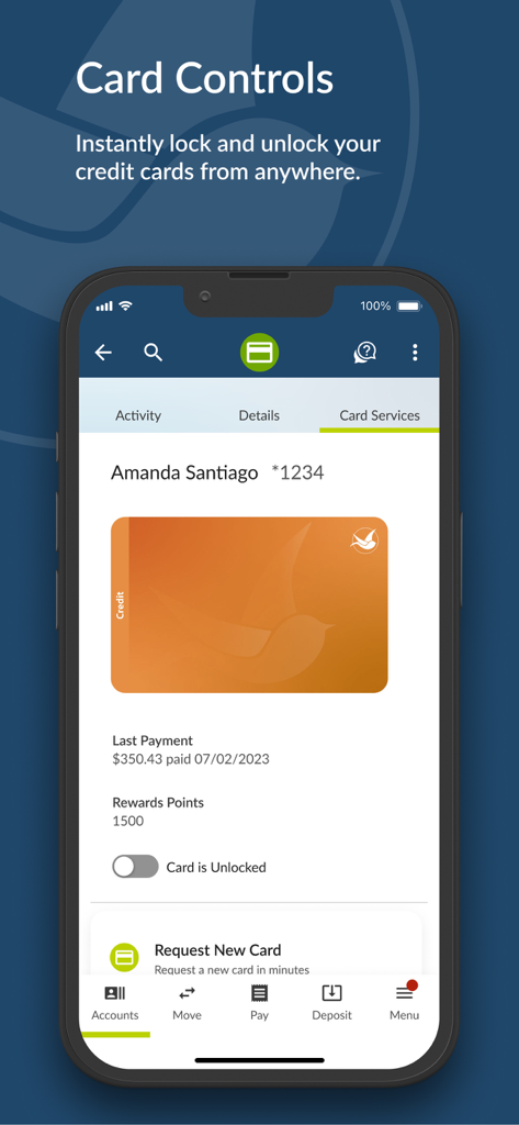 Latino Community Credit Union - Latino Community Credit Union mobile app interface showing credit card controls and the option to lock or unlock a card.
