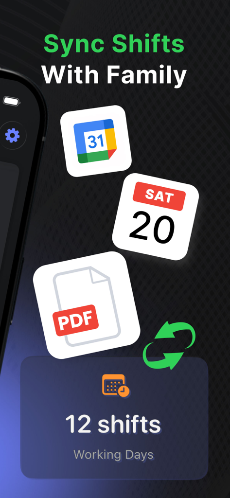 Nurse Shift Calendar: My Work - Infographic showing nurse shift synchronization with family calendars and PDF report generation features.