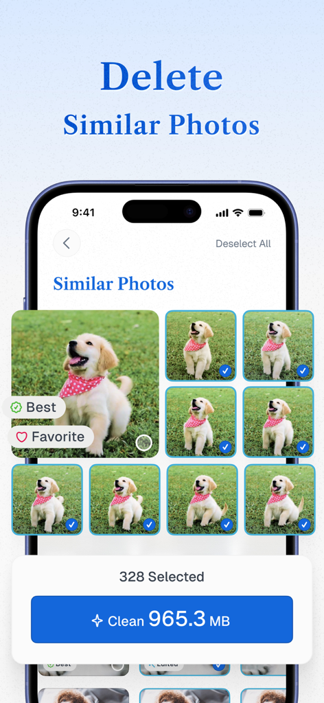 Oberfläche der True Cleaner App, die ähnliche Fotos eines Welpen zur Löschung identifiziert und auswählt, um Speicherplatz freizugeben.