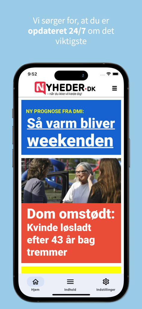 Nyheder.dk - Una captura de pantalla de la pantalla de inicio de la aplicación Nyheder.dk mostrando titulares de noticias en danés en un iPhone.
