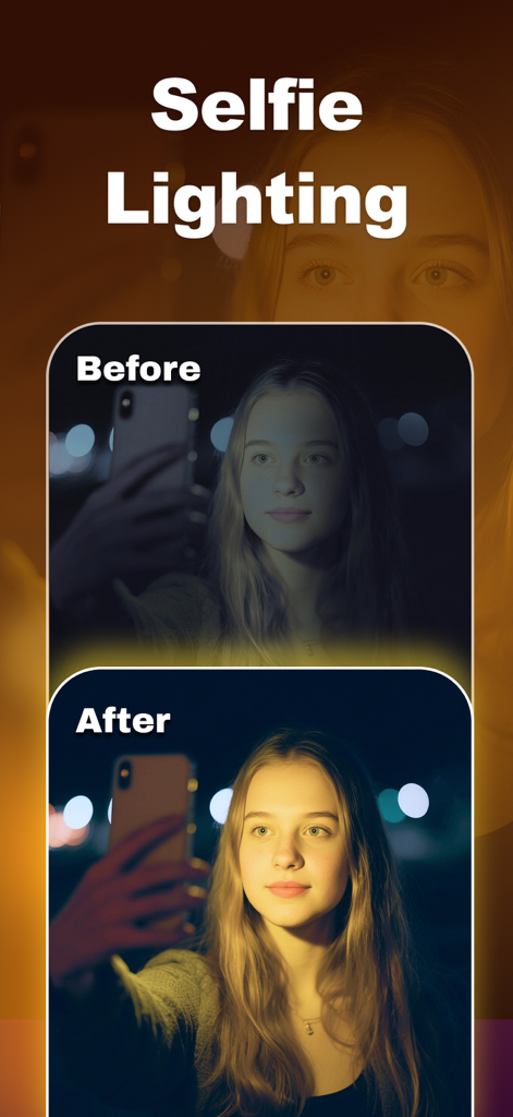 GlowCam Light:Selfie Camera - Before and after comparison of a selfie enhanced with GlowCam warm lighting effects