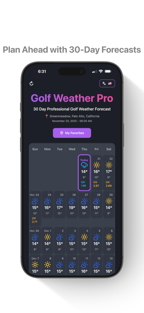 Golf Weather Pro – 30D - Golf Weather Pro app showing a 30 day weather forecast calendar with daily temperatures and conditions.
