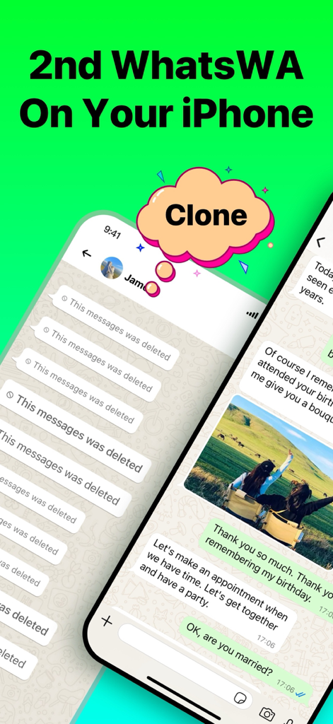 Dual Messenger, Whats Web Chat - iPhone interface showing the dual account cloning feature for WhatsApp