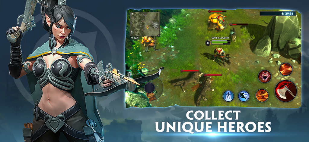 World Eternal Online - A female elf hero with a crossbow next to a top-down tactical combat gameplay scene in World Eternal Online.