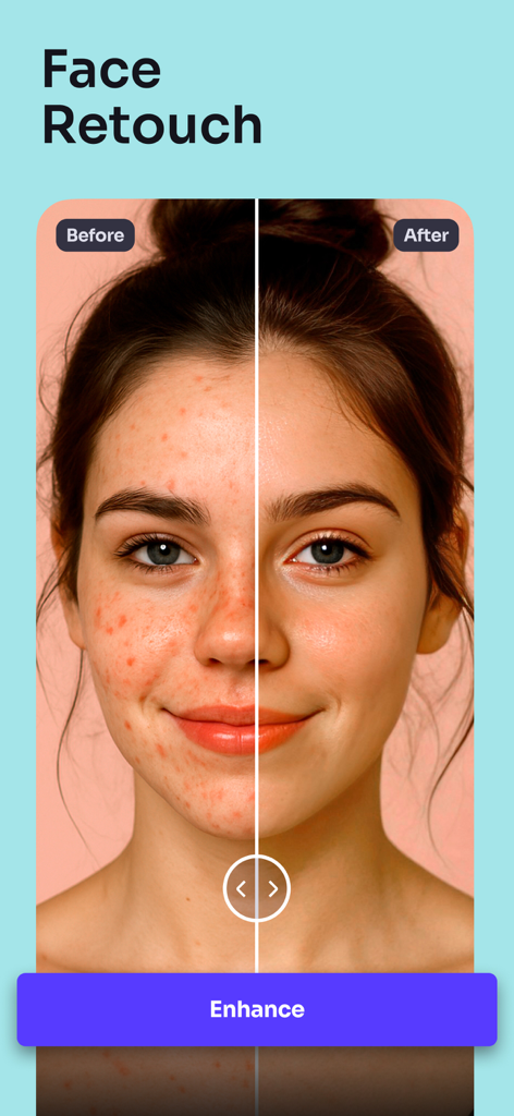 Comparação de antes e depois de retoque facial com IA para aprimoramento da pele