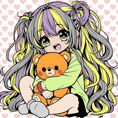 manga girl, long curly hair, happy, cuddling a teddy bear