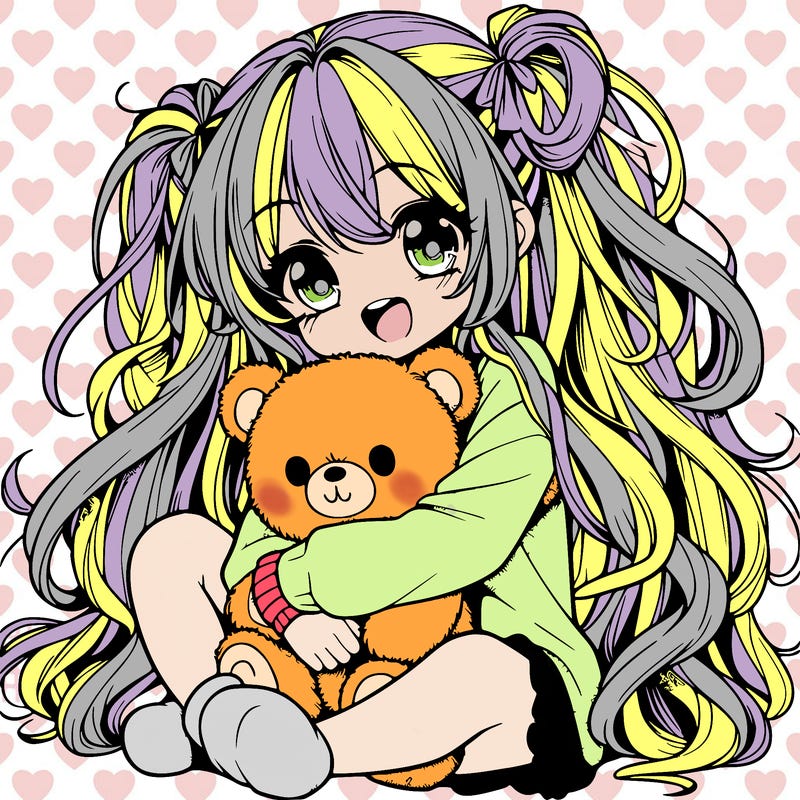 manga girl, long curly hair, happy, cuddling a teddy bear