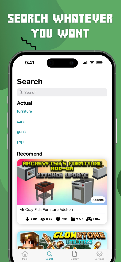 A search screen for Minecraft mods and addons on an iPhone showing categories like furniture and cars.