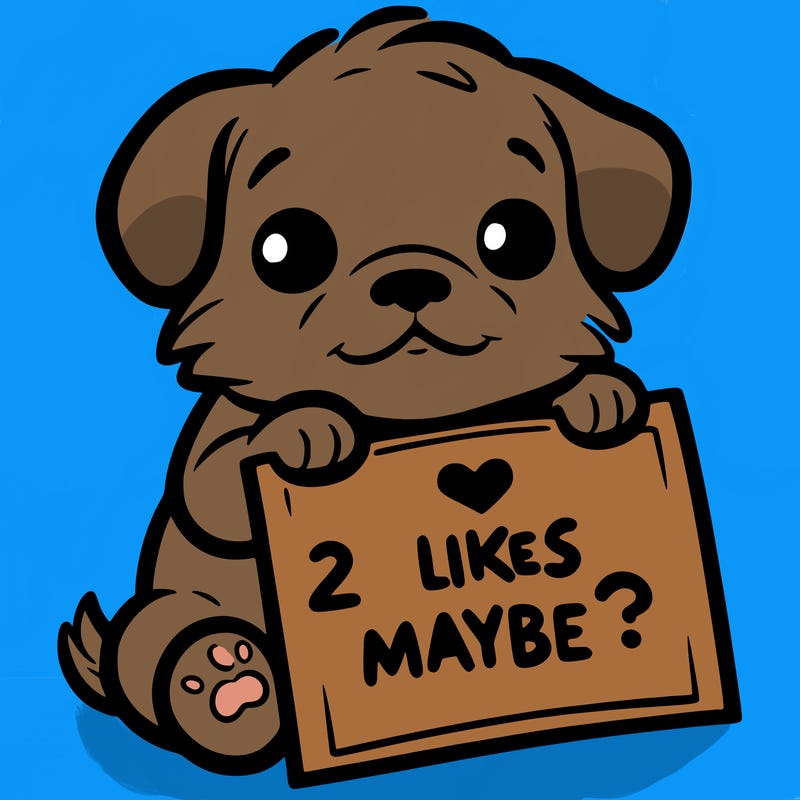 a puppy holding a sign that says 2 likes maybe?