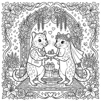 Dive into a heartwarming scene as two delightful quolls tie the knot in this charming coloring page. Adorned with a beautiful floral arch and romantic details, it's a perfect blend of whimsy and elegance for your next creative escape.