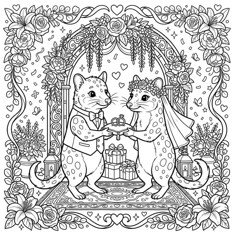 Dive into a heartwarming scene as two delightful quolls tie the knot in this charming coloring page. Adorned with a beautiful floral arch and romantic details, it's a perfect blend of whimsy and elegance for your next creative escape.