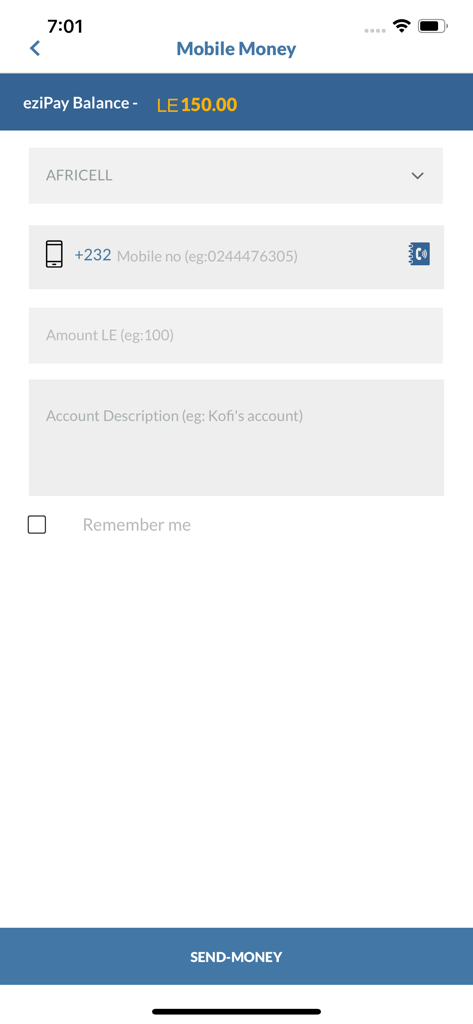 Oberfläche der Ezipay SL App zum Senden von mobilem Geld an Africell in Sierra Leone