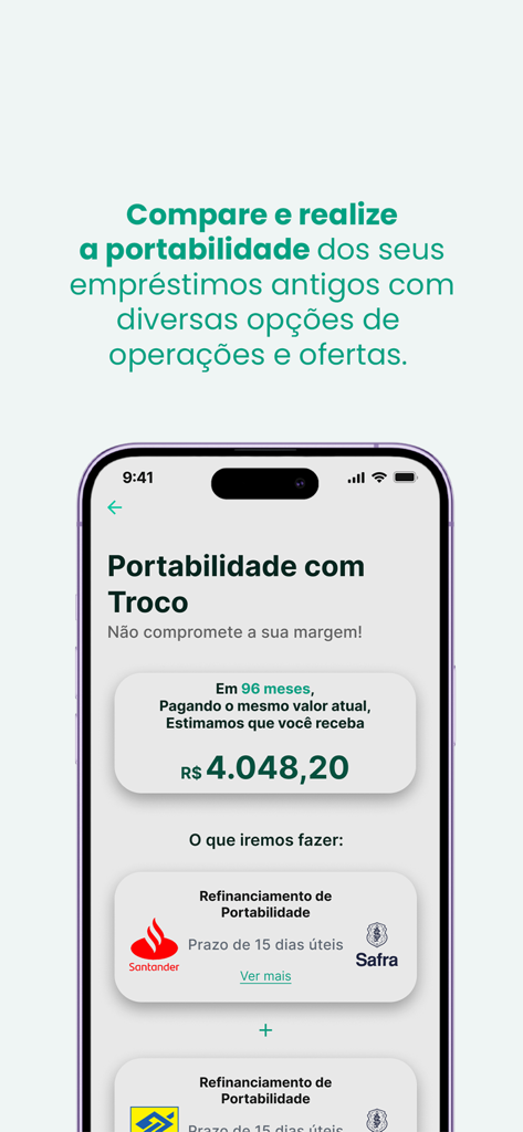 Konsi | Empréstimo Consignado - Konsi mobile app screen showing a payroll loan portability offer with estimated cashback for the user