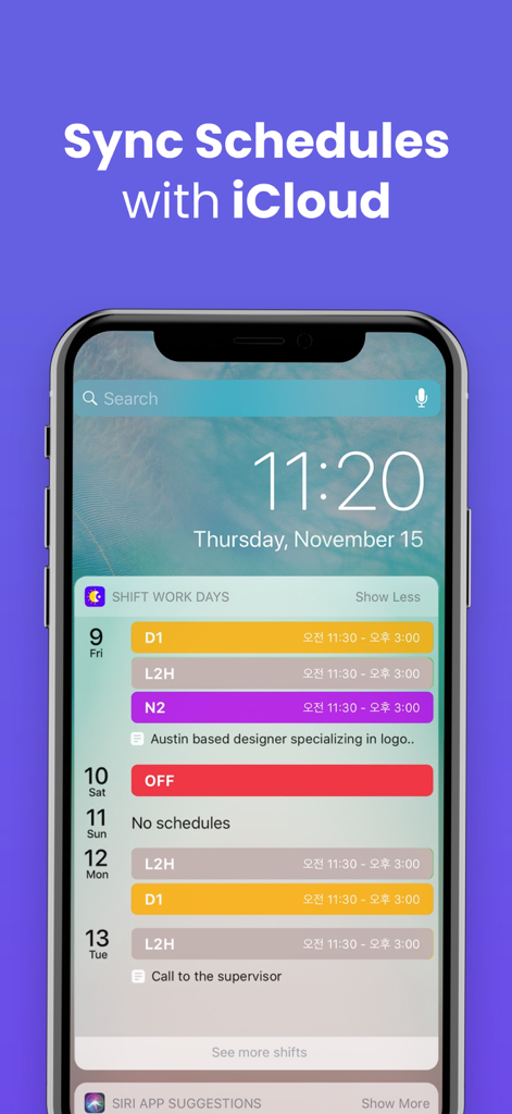 Shift Day Work Calendar: Spoke - iPhone screen displaying the Shift Work Days widget with color coded schedules and iCloud sync text