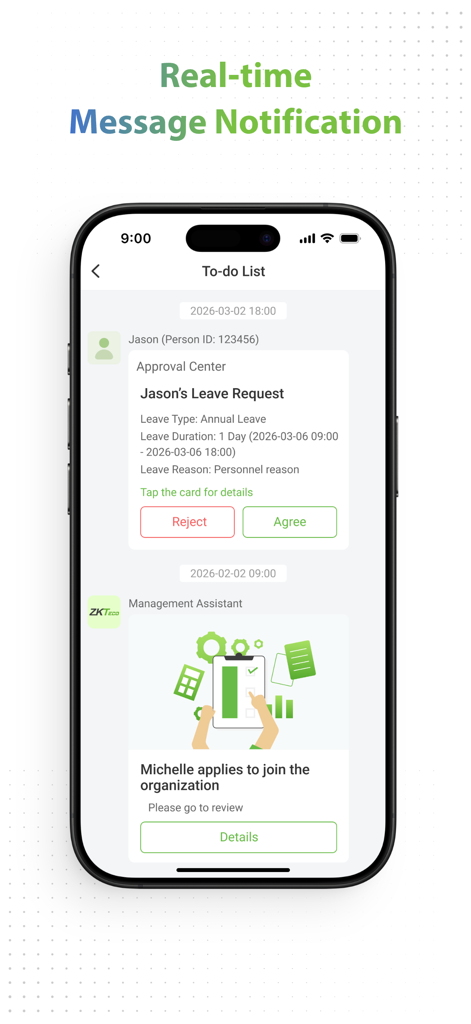 ZKBio Zlink - A smartphone displaying the ZKBio Zlink app to do list with leave request approvals and management notifications