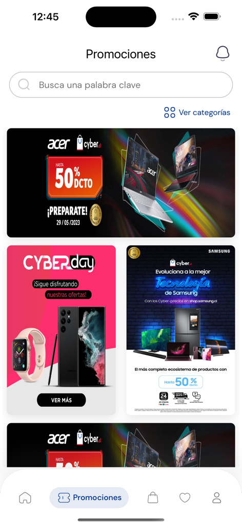 CyberApp - Pantalla móvil de CyberApp mostrando varios banners de ofertas de compras para marcas de electrónica como Acer y Samsung