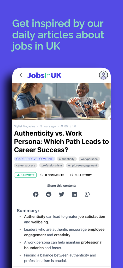 JobsInUK.app - Find Jobs in UK - Mobile app screen showing a career advice article about workplace authenticity