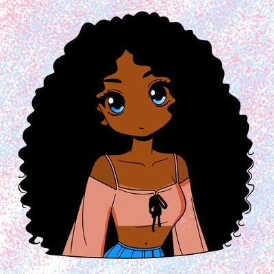 a black anime girl with long afro hair