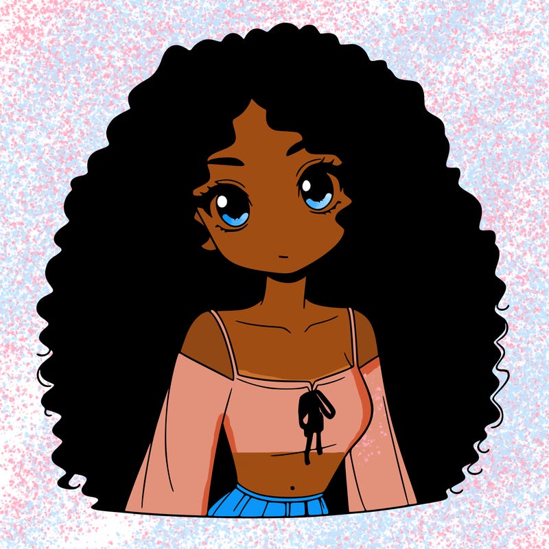 a black anime girl with long afro hair