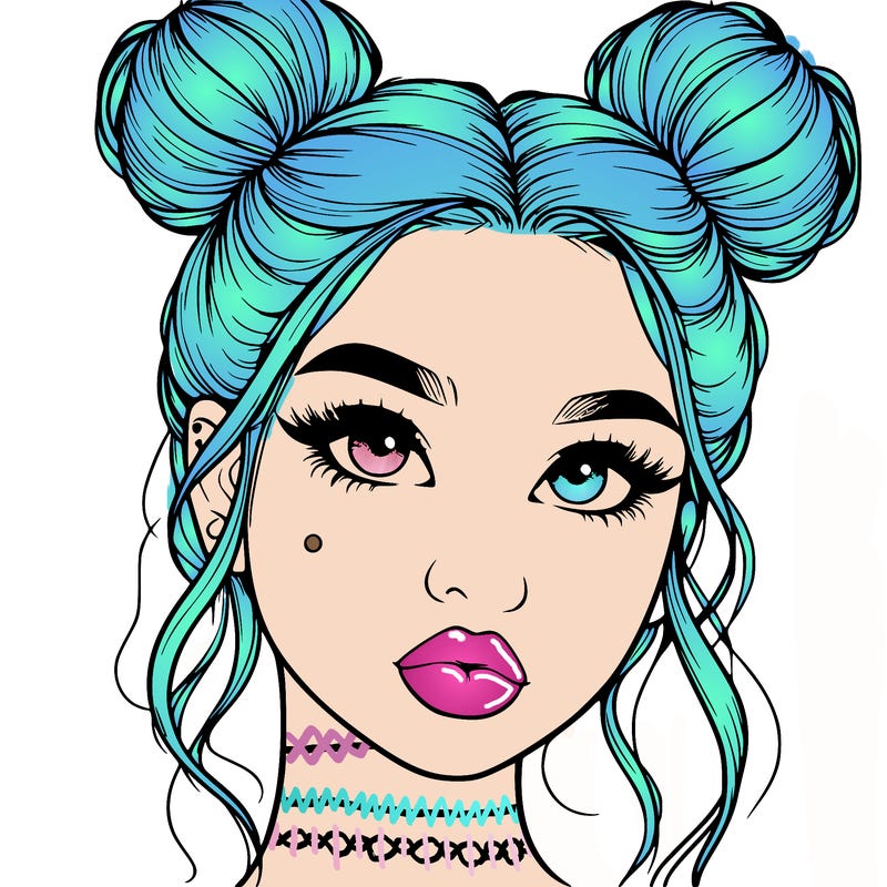 realistic girl with two buns on her hair and lips
