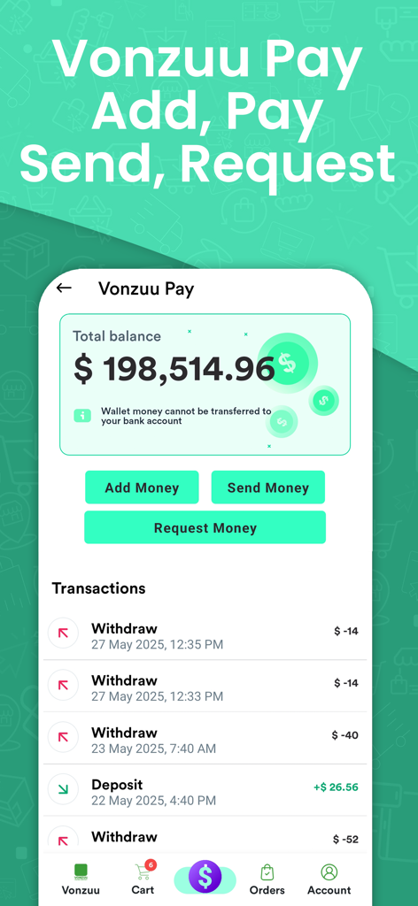 Vonzuu - Vonzuu Pay app screen showing digital wallet balance and transaction history