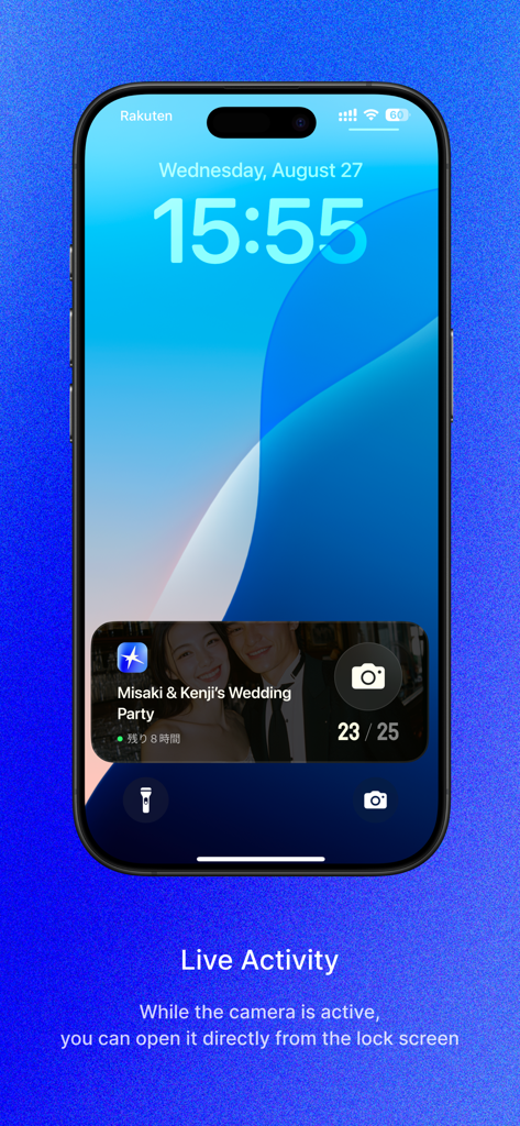 Moments: Wedding Camera - iPhone lock screen displaying the Moments wedding camera live activity widget