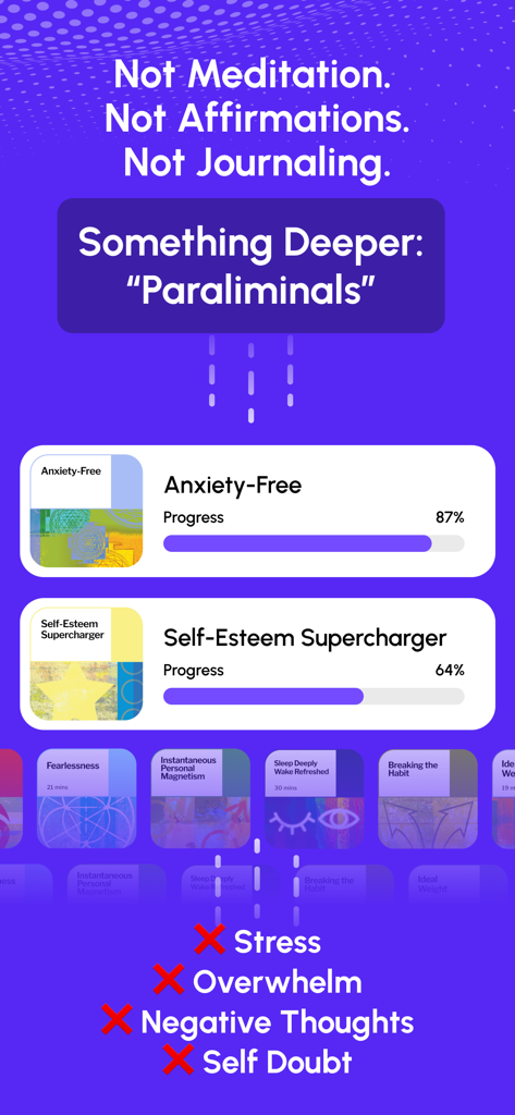 MINDTRX: Self Help & Mindset - Interfaz de la aplicación MINDTRX mostrando sesiones Paraliminales para ansiedad y autoestima con barras de progreso.