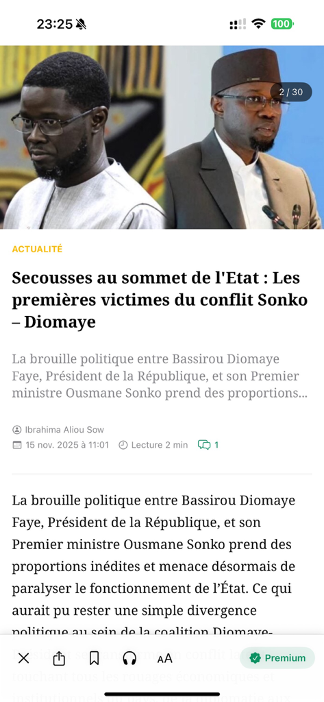 SeneNews – Infos & Actualité - Schermata dell'app mobile SeneNews che mostra un articolo di notizie politiche con Bassirou Diomaye Faye e Ousmane Sonko
