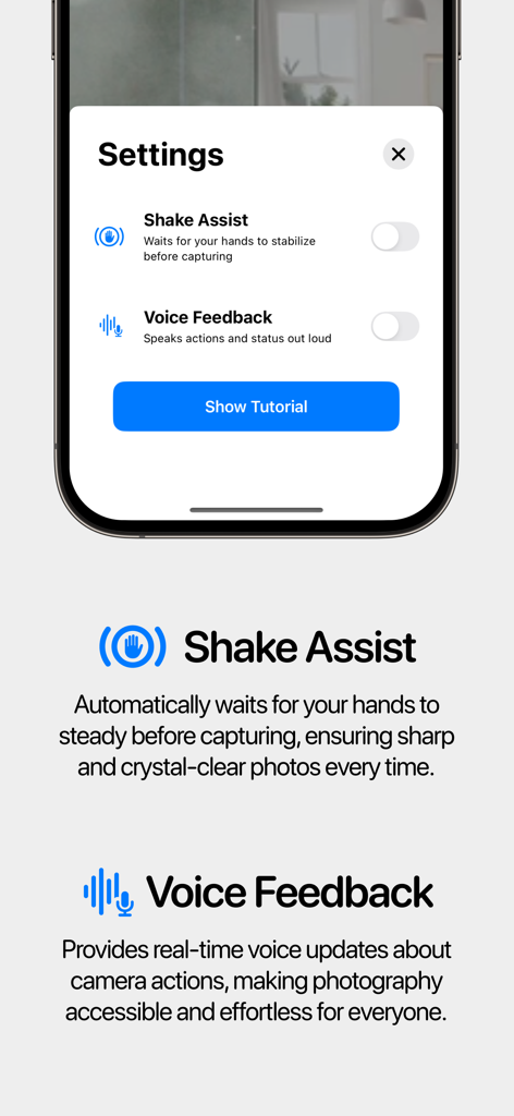 Easy Cam - Camera For Seniors - Easy Cam settings menu showing Shake Assist and Voice Feedback accessibility features for seniors.