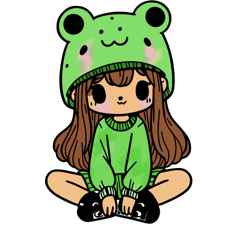 a girl wearing a frog hat and some frog socks