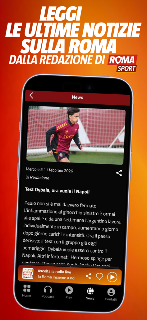 Ultimo articolo di notizie sull'AS Roma sull'applicazione mobile Radio Mana Mana Sport Roma