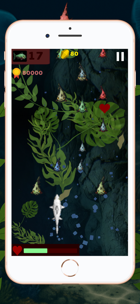 A white shark swimming upwards in a dark underwater environment with green seaweed and small fish in the Shark World mobile game.